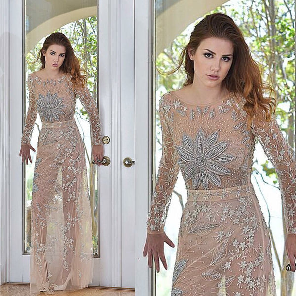 VA 7751 - Embellished - Long sleeved hand beaded tulle Gown full of Crystals