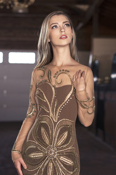 VA 7599 - Embellished - Long Sleeved hand beaded Crepe Gown